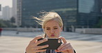 Student, woman and selfie in city with pout, social media post and memories for college education. Happy, female person and photography in urban town with tech, blog update and study at university.