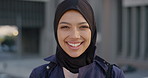 Face, education or Muslim woman with smile in city, college student or morning travel for learning. Portrait, happy or Arab person with confidence for religious studies, laughing or commute in town