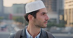 Business, face, and thinking with Muslim man in city for inspiration or job opportunity. Culture, faith and vision with Islamic employee outdoor in urban town for career growth, ideas or planning