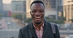 Business, face and funny with black man in city for ambition, career or job satisfaction. Commute, laughing and opportunity with happy employee outdoor in urban town for morning travel to work