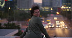 Night, face or businesswoman with celebration in city, marketing campaign or creative project success. Portrait, bokeh or marketer with happiness for brand awareness, evening or winning in urban town