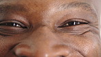 Happy man, vision and eye closeup with face for optometry test, optical health and ocular wellness. Eyesight examination, contact lenses and eyecare, visual assessment and person with portrait