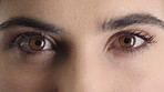 Face, eyes and person with closeup for optometry, perception and awareness for eyesight. Portrait, thinking and woman retina for peripheral vision, iris examination and optical care for visual health