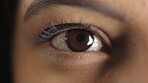 Eye, opening and sight with woman closeup for optometry appointment or vision correction. Exam, focus and test with person at ophthalmology checkup for visual development, enhancement or improvement