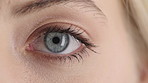 Face, woman and eye with closeup for optometry, perception and awareness for eyesight. Portrait, female person and retina with peripheral vision, iris examination and optical care for visual health