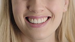 Woman, mouth and smile with teeth for dentist, oral health or dental cleaning for fresh breathe. Closeup, happy or female person with lips or gum healthcare for veneers, implant or tooth whitening