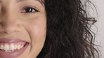 Half, face and woman with smile for dental care, veneers and clean mouth for fresh breath and health. Tooth whitening, wellness and person with oral hygiene results, happy and treatment for gums