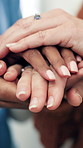 Closeup, nurse or holding hands with senior patient for empathy, healthcare or understanding in house. People, caregiver and touch with elderly care for comfort, sympathy or trust in nursing home