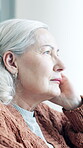 Senior, thinking and woman with memory in home for nostalgia, recall past and perspective. Retirement, elderly person and reminisce in apartment for sentimental reflection, contemplating and ponder