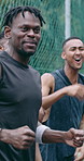 Bench, men or cheering on basketball court for winning, goal or score together on outdoor pitch. Excited, male people or athletic group with smile or team celebration for sport game, match or success