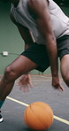 Men, dribble and playing with team on basketball court for sport competition, tournament or challenge. Active, male people or athletic players with offense or ball for outdoor practice, game or match