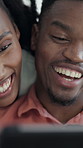 Reading, tablet or couple with support in home, browsing internet or streaming comedy movie for laugh. Connection, happy or black people with tech for film subscription, watch funny series or bonding