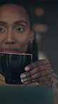 Laptop, woman and thinking with coffee in cafe for blog ideas, research break or remote work. Copywriter, black person and drink with tech in restaurant for article inspiration, vision or freelancing