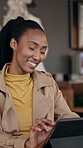 Happy, scroll and black woman on tablet in coffee shop for research, online article and remote work. Editor, freelancer and person on digital tech for proofreading, copywriting and review in cafe