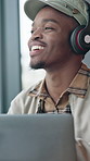 Man, headphones and remote work in coffee shop with laptop, music and smile for copywriting career. Freelance, creative black person and beverage in cafe with computer, audio tech and dance for song.