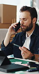 Phone call, office and man on tablet for supply chain, shipping and distribution for client. Business, ecommerce and person on cellphone for discussion, order and contact for delivery and inventory