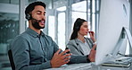 Call center, talking and man in office on computer for financial consultant, advice and online help. Professional, finance and person with headset for customer support, communication and contact us