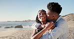 Smile, travel and couple at beach with kiss, love and partner affection on tropical holiday. Space, happy and black people at ocean with hug, commitment and healthy relationship on getaway vacation