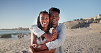 Face, travel and couple at beach with hug, partner affection and bonding on tropical holiday. Space, portrait and people at ocean with embrace, commitment and healthy relationship on getaway vacation