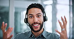 Video call, face and businessman with headset in office, smile and communication with contact on web. Telemarketing, pov and happy person with mic for consultation, laughing or discussion in business