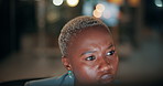 Night, woman and reading on computer in office for market timing, trading insight and bokeh. International trader, black person and monitor trends on tech for risk management, hedging and overtime