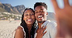 Happy, face and selfie of black couple on beach for picture, social media and post for bonding. Tongue out, dating and portrait of man and woman with photo pov on holiday, vacation and summer weekend