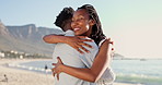 Happy, travel and couple at beach with hug, love and partner affection on tropical holiday. Smile, black people and embrace at ocean with care, commitment and healthy relationship on getaway vacation