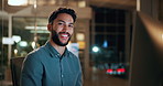 Computer, face and smile with business man in office for investment report, about us and night. Overtime review, account portfolio and risk management with male employee in agency as consultant