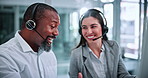 Telemarketing, discussion and team with headset in office, laughing and planning for lead generation. Call center, coworking and happy people with computer for sales, conversation and collaboration