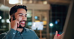 Man, discussion and phone call in office with computer for smile, finance chat and schedule update. Business person, digital tech and communication for financial feedback, funding or offer at night