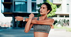 Woman, fitness and stretching with arms in town for workout preparation or outdoor exercise. Active, female person or getting ready with breathing or body warm up for start, begin or training in city
