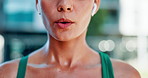 Fitness, woman or breathing with mouth or sweat for workout break, rest or outdoor exercise in city. Tired, female person or runner catching breathe for training, cooldown or recovery in urban town
