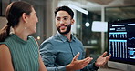 Finance, investment and business people on computer screen at night for research, profit and chart. Corporate, team and man with woman on pc for financial review, graphs and stock market in office