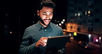 Night, balcony and business man on tablet for research, financial proposal and budget planning. Corporate, happy and person on digital tech for finance review, investment or fintech for stock trading