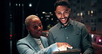 Talking, balcony and business people on tablet at night for planning, discussion and finance report. Corporate, team and man with woman on tech for financial advice, budget proposal and investment
