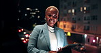 Night, balcony and face of black woman on tablet for research, online proposal and budget planning. Happy, business and portrait of person on digital tech for finance review, investment and fintech
