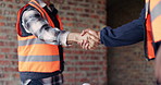 People, architect and deal with handshake for meeting, introduction and construction agreement. Team, shaking hands or welcome with respect, partnership and maintenance offer for building development