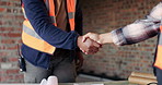 People, engineer and handshake at site for meeting, introduction and construction agreement. Team, shaking hands and welcome with respect, partnership and maintenance deal for building development