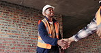 Man, architect and handshake at site for meeting, introduction and construction agreement. People, shaking hands and welcome with respect, partnership and maintenance deal for building development