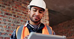 Tablet, man and happy at construction site with engineering app, internet or online schedule. Asian person, technology and space for project management, maintenance or renovation of building