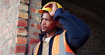 Building, construction and person with depression for project management delay or setback. Fail, hardhat and thinking with unhappy black man on worksite for property development mistake as architect