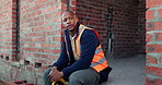 Stress, black man and construction worker with helmet on site with overworked, tired or mistake. Fatigue, burnout and African male civil engineer with problem for building, maintenance or repairs.