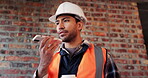 Phone, man and talking on speaker at construction site with app, internet or online dictation. Asian person, technology and call for project management, audio list or renovation notes at building
