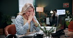 Frustrated, woman or stress with headache or laptop in home for overworked strain or mistake. Designer, freelancer or remote work with migraine on computer for error, system issue or failure in house