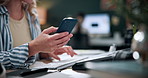Phone, typing and hands of businesswoman in office for creative project with email for review. Cellphone, keyboard and female magazine editor with online feedback on article publishing in workplace.
