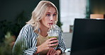 Juice, woman and student with laptop at house for research, education and unexpected results. Surprised, female person or pc notification with university feedback, exam report and learning with drink