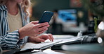 Cellphone, typing and hands of businesswoman in office for creative project with email for review. Phone, keyboard and female magazine editor with online feedback on article publishing in workplace.