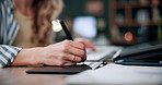 Hands, writing and woman at house with tablet, research and drawing sketch for logo design. Female person, editing and graphic designer with stylus, digital artwork and creativity for cartoon project