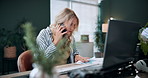 Phone call, stress and business woman with document for conversation, schedule issue or update agenda. Overworked, crisis and person with laptop for rush, planning meeting or frustrated in agency