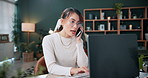 Management, phone call and woman with laptop for conversation, confirm schedule or update agenda. Business, receptionist and talk on tech for information, discussion or planning meeting in agency